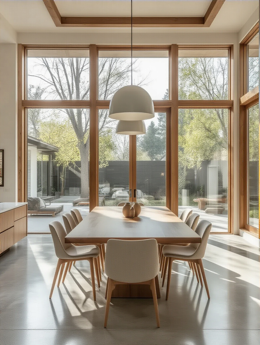 Modern open-plan dining room with seamless flow, natural light, and minimalist design