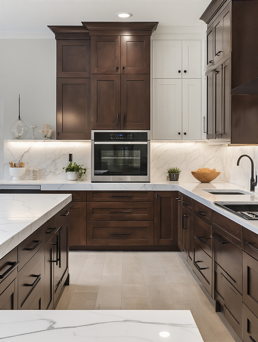 Modern kitchen with rich espresso cabinetry, white marble countertops, and layered lighting