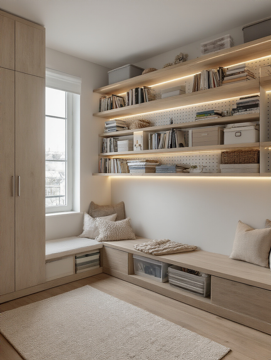 Small bedroom with floor-to-ceiling vertical wall storage including floating shelves and cabinets, well-lit and organized