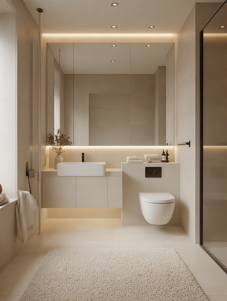Modern small bathroom with corner sink and wall-hung toilet maximizing space