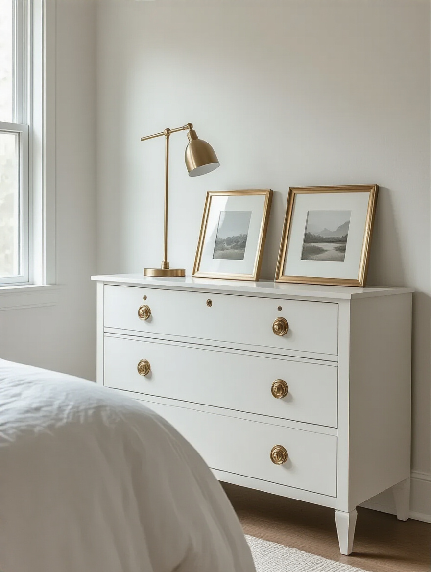 White bedroom with brushed brass picture frames and a brass reading lamp adding subtle metallic sparkle and depth