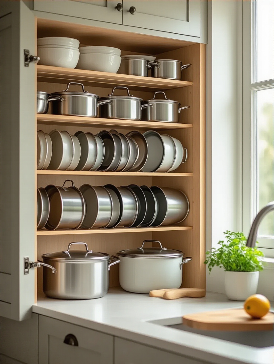 Organized kitchen cabinet with vertical lid and pot organizers displaying pots and lids