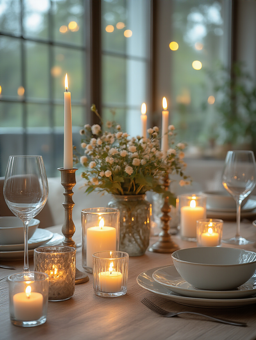Elegant dining table decorated with decorative candles and LED lights, creating a warm ambiance.