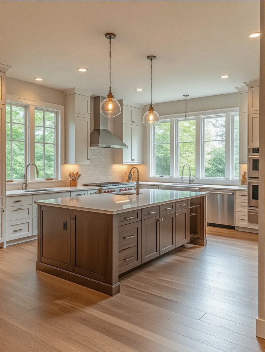 Modern kitchen island with wide walkway clearances showcasing spacious and functional kitchen layout