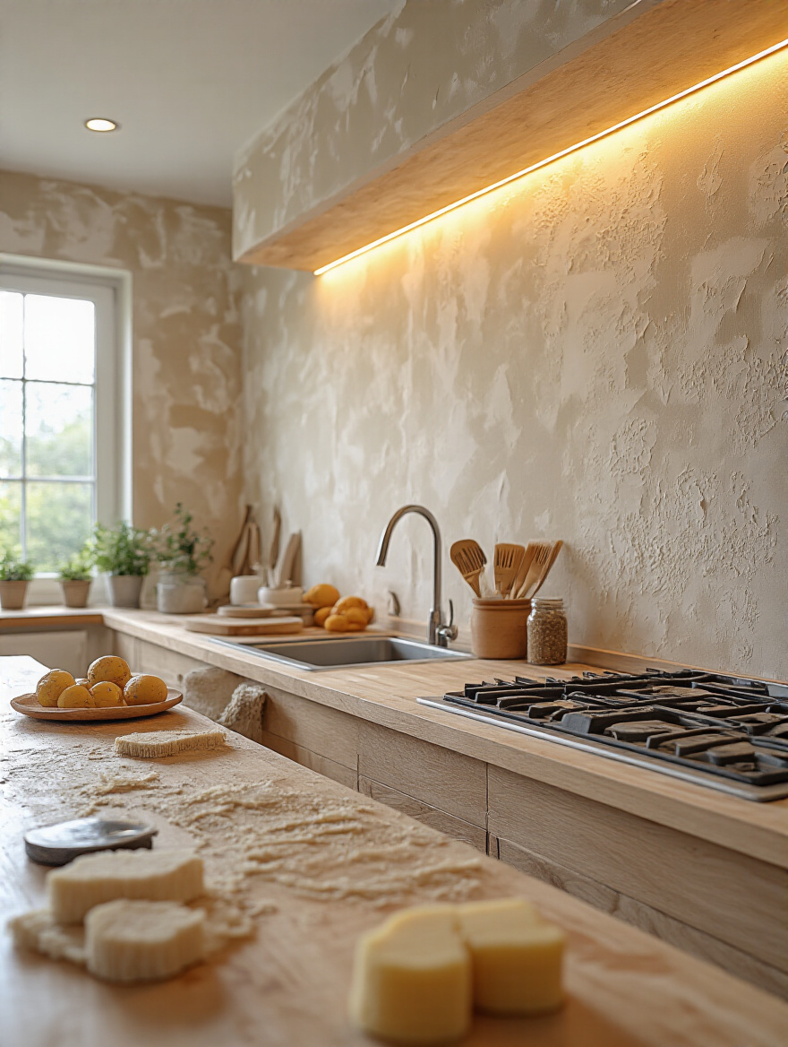 Well-prepared kitchen wall ready for wallpaper installation