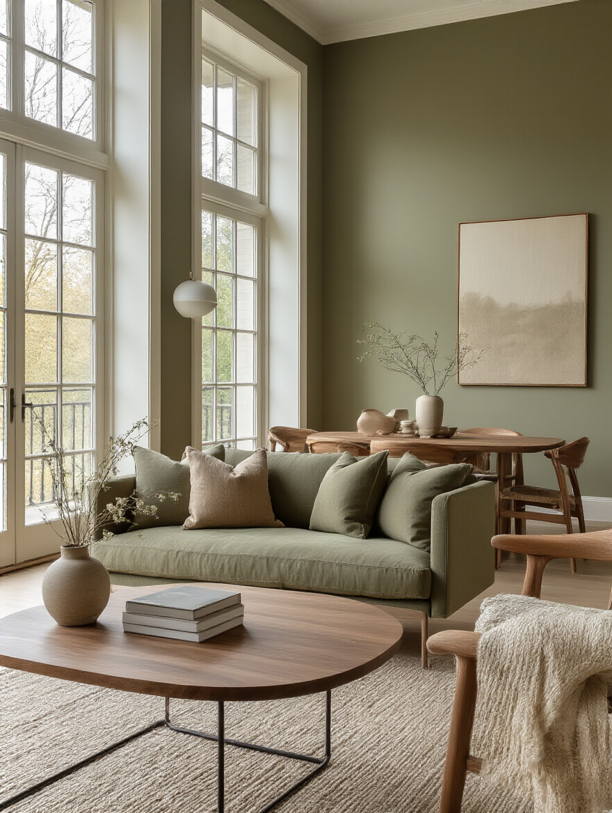 Cohesive living room and dining area showcasing style cohesion with olive green and walnut tones.