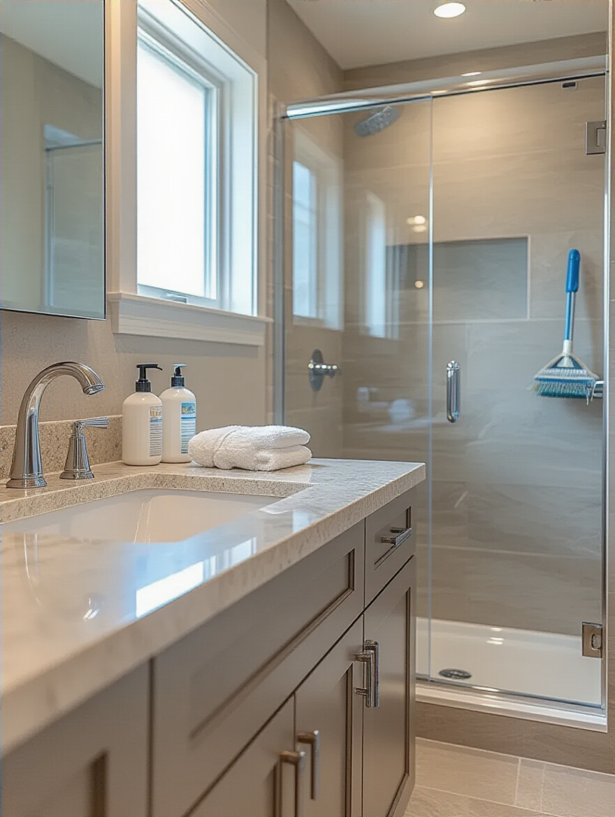 Spotless modern bathroom interior with polished stone countertop and frameless glass shower showcasing a post-remodel cleaning schedule