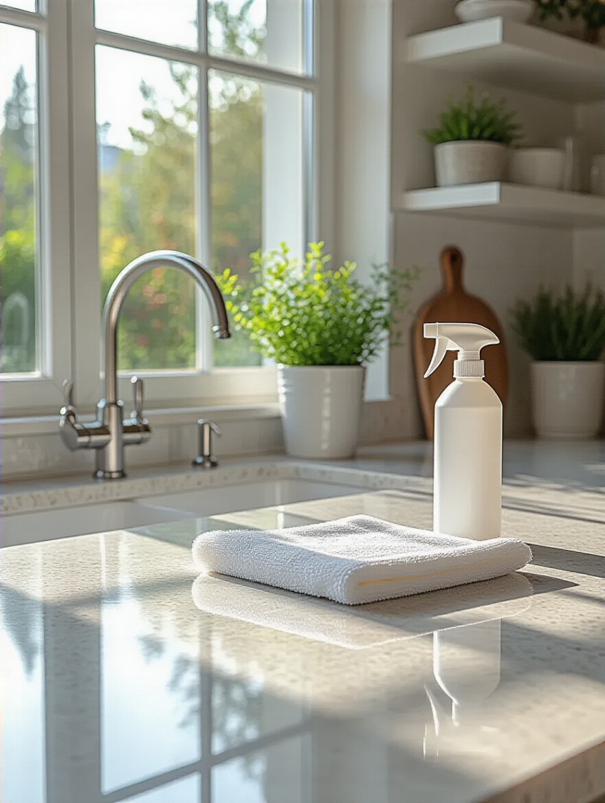 Close-up of a clean quartz kitchen island countertop with microfiber cloth and pH-neutral cleaner bottle
