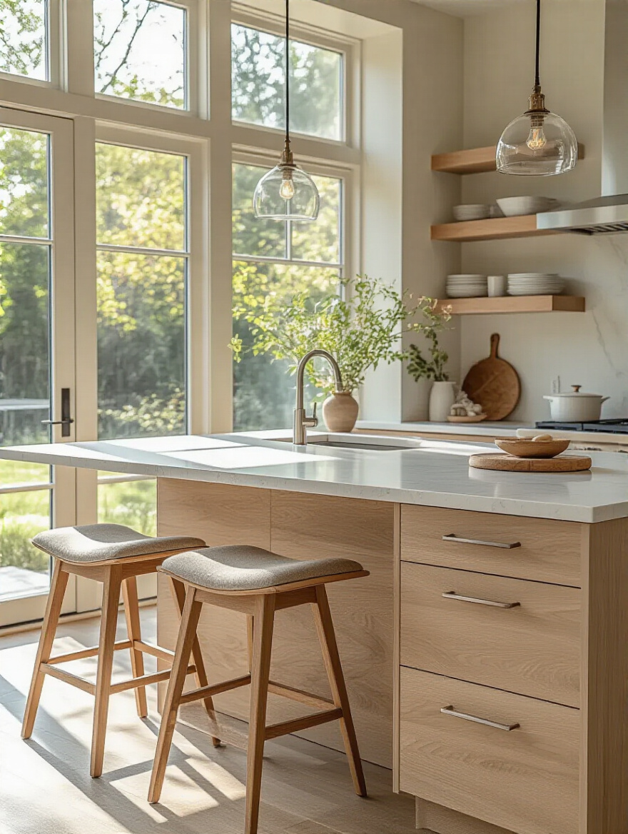 Modern kitchen island countertop with extended overhang designed for comfortable seating and ample legroom, bright natural lighting, no people