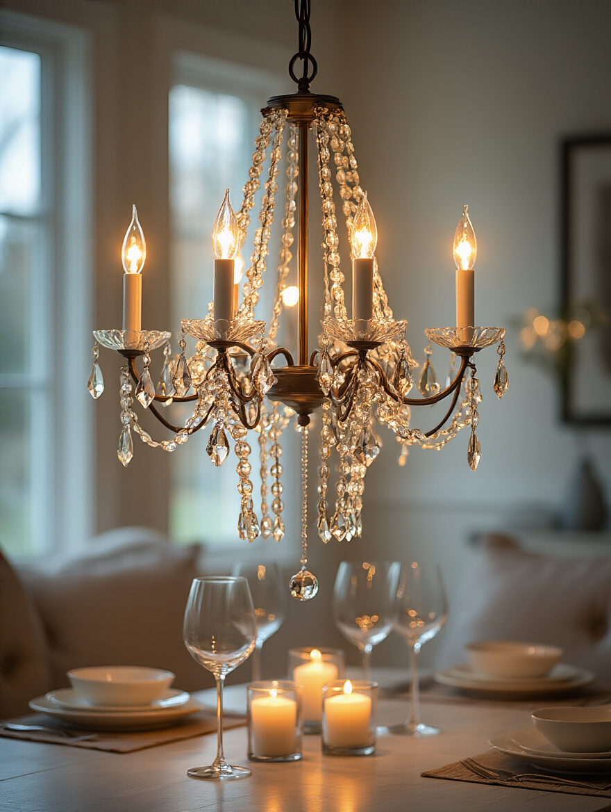 Modern dining room chandelier with LED candlelight effect and retractable chain, warm ambient lighting, elegant interior