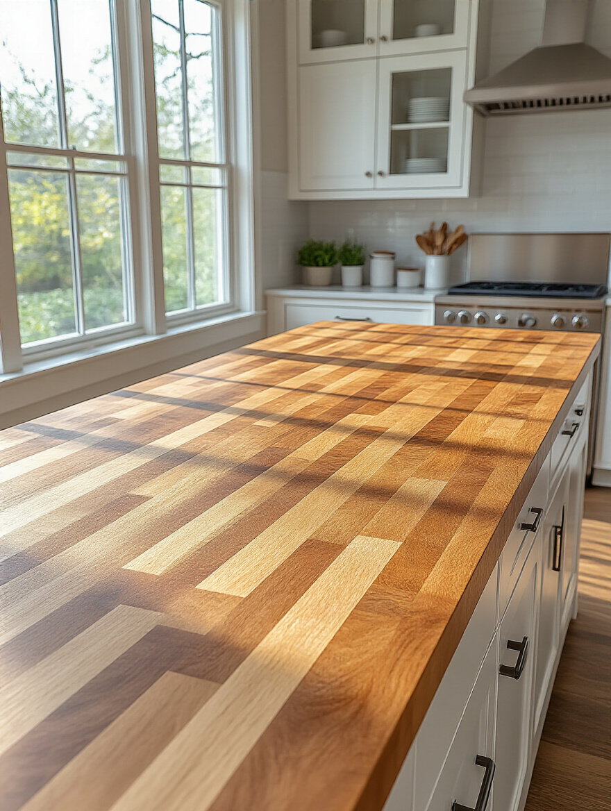 Kitchen island with warm butcher block countertop showcasing natural wood grain and texture in a modern kitchen setting