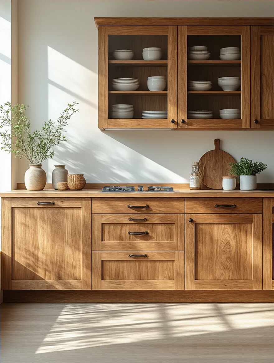 Close-up portrait of certified hardwood kitchen cabinet showcasing wood grain and finish in organic kitchen setting