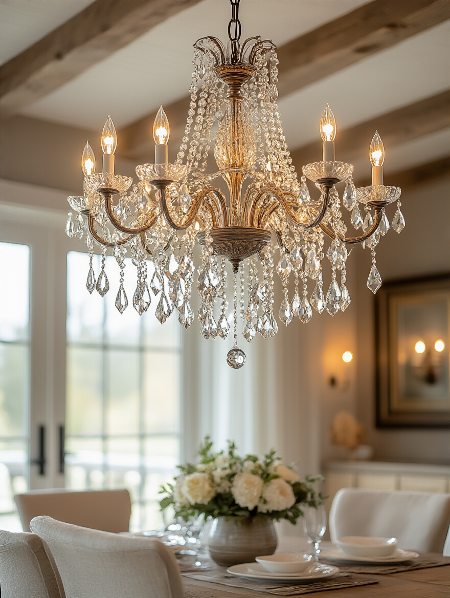 Elegant dining room chandelier made of crystal, metal, and wood materials showcasing unique aesthetics