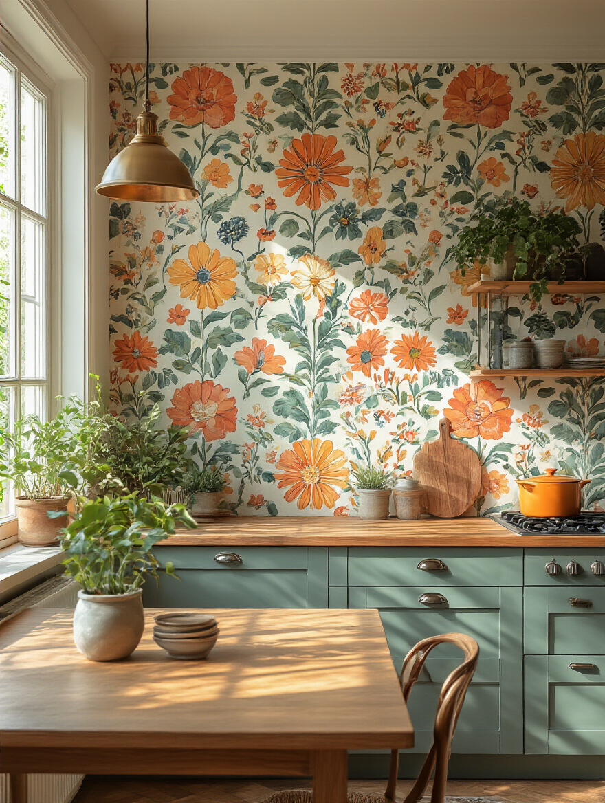 Stylish kitchen with unique wallpaper sourced from second-hand marketplaces