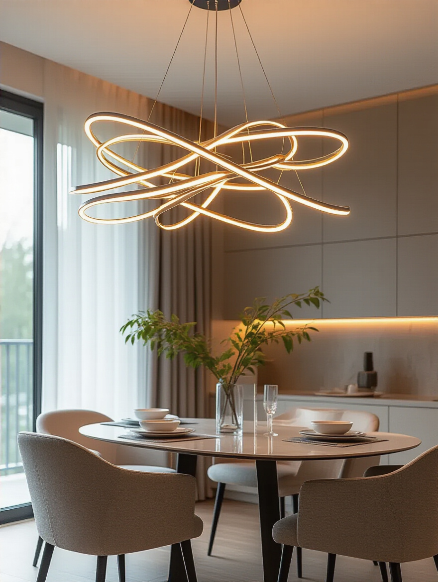 Modern dining room with a sleek smart chandelier showcasing dynamic LED lighting and color options