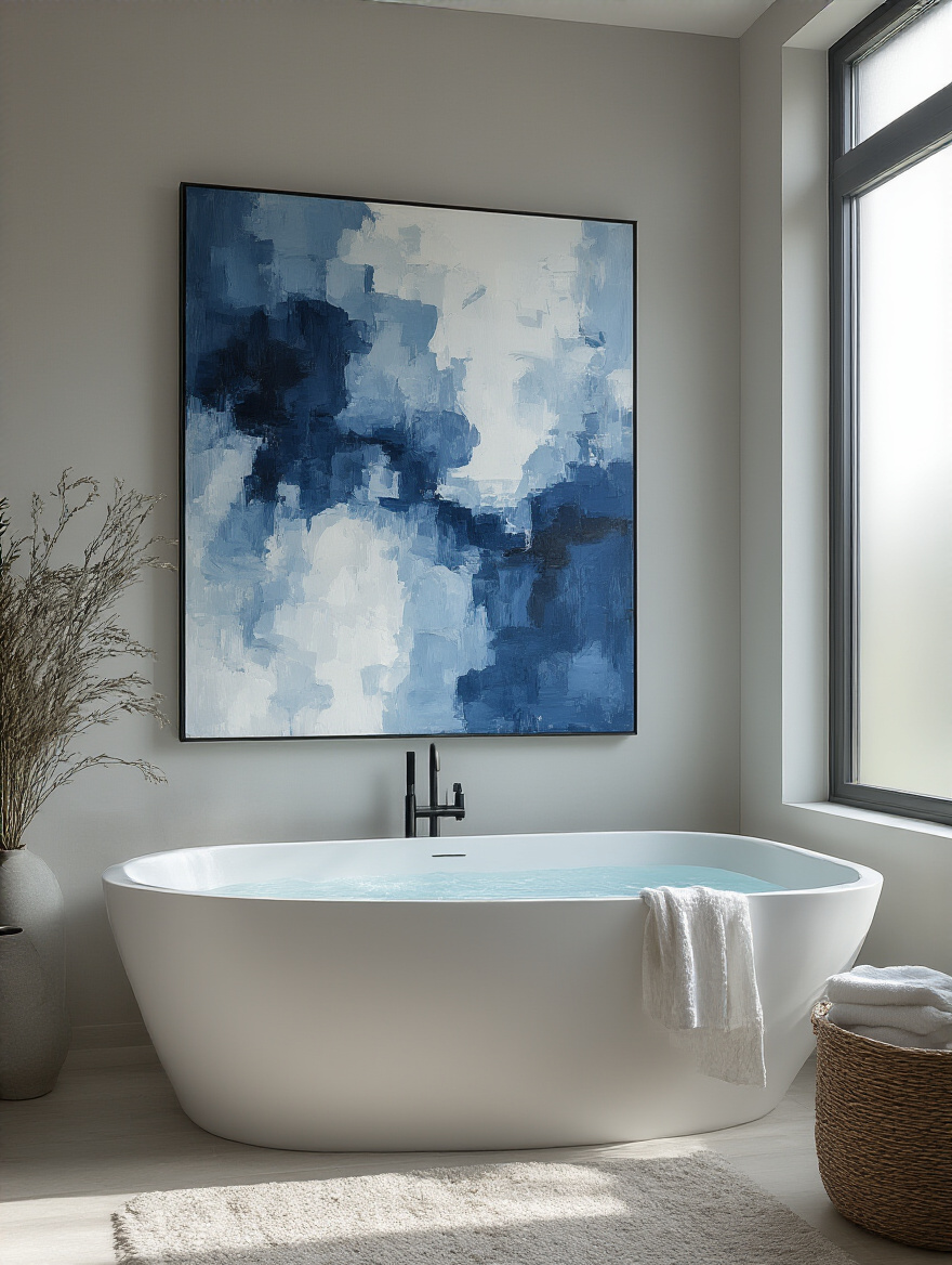 Modern bathroom with statement art above a freestanding tub