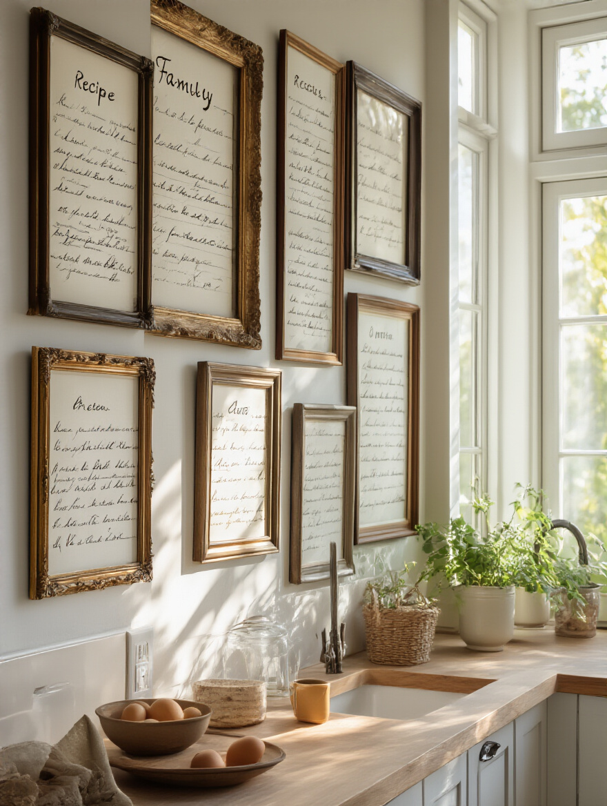 Framed family recipes displayed on a kitchen wall