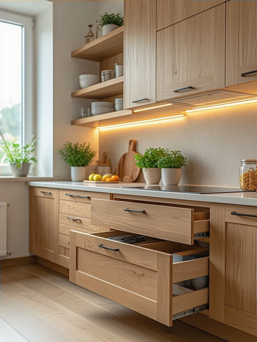 Functional layout design showcasing healthy organic kitchen cabinets with smart storage solutions in a bright, modern kitchen