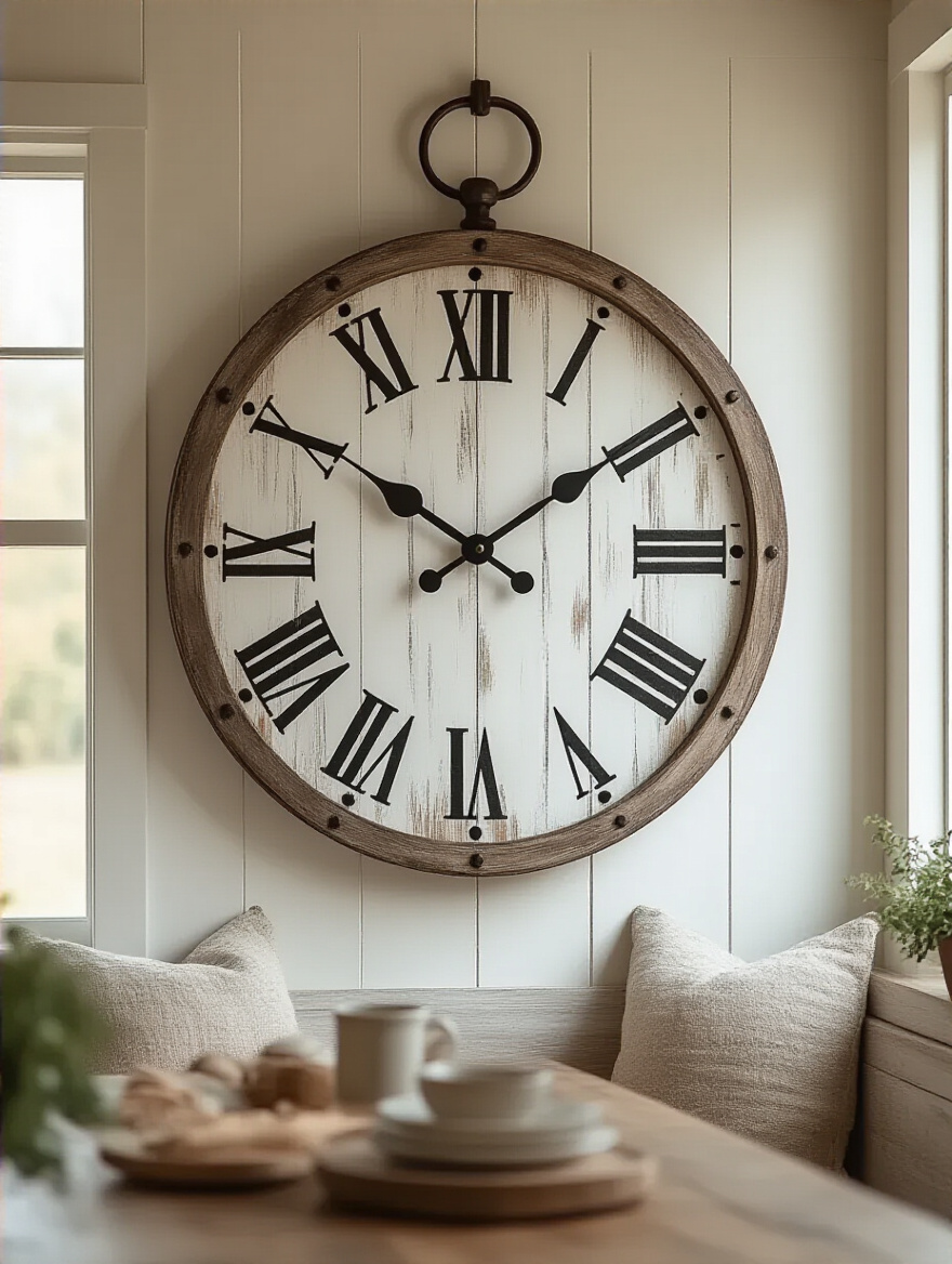 Large, visually striking clock on a rustic kitchen wall above a breakfast nook
