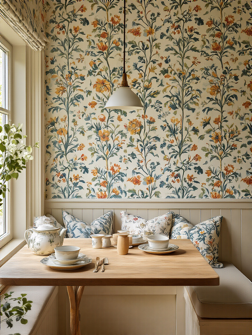 A cozy breakfast nook with vibrant discontinued wallpaper in a stylish kitchen.