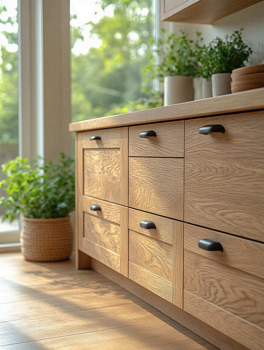 Close-up of eco-friendly kitchen cabinet finishes highlighting natural wood grain and safe low-VOC materials with natural window lighting