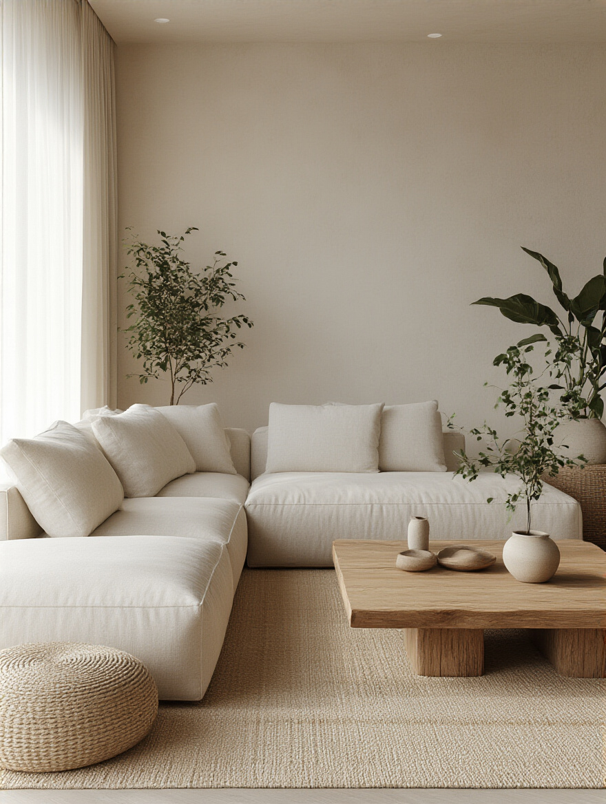 A serene living room with natural elements and modern design showcasing a neutral color palette.