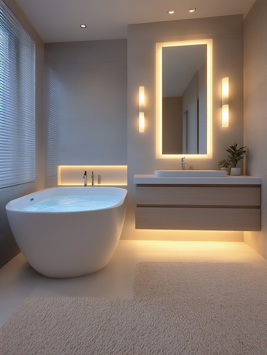 Modern bathroom with layered lighting design, showcasing ambient, task, and accent lights.