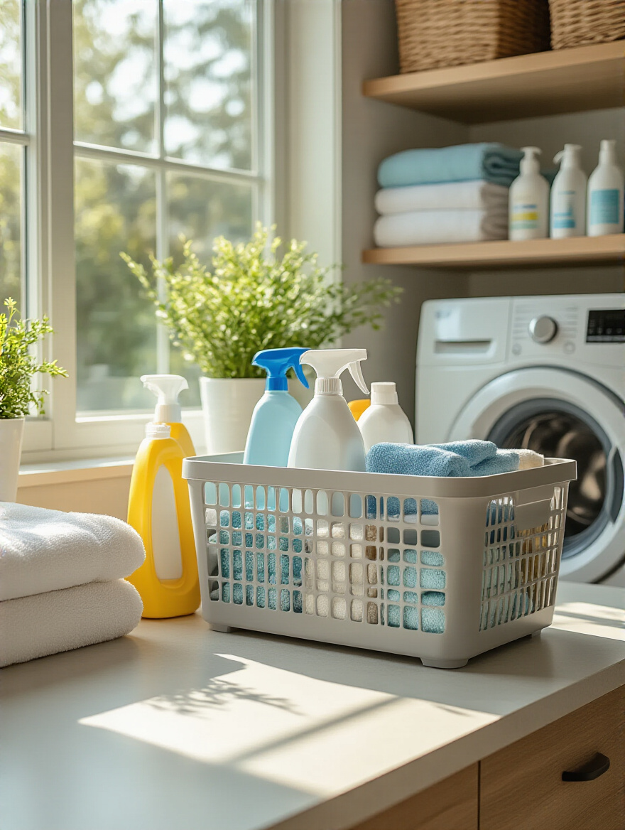 Organized laundry room with smart caddy for cleaning supplies