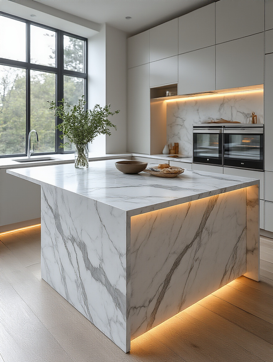Modern kitchen island with white Calacatta marble waterfall edge countertop, seamless and sleek design