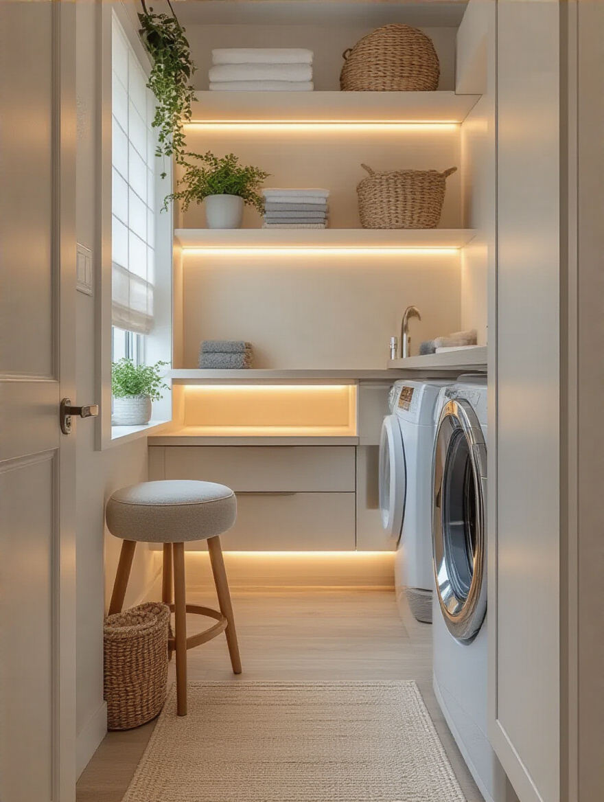 Cozy laundry room with a small seating area designed for comfort and functionality.
