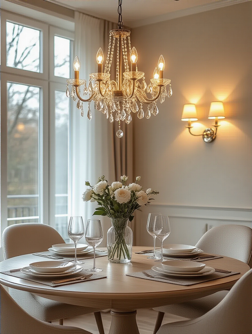 Elegant dining room with dimmable lighting creating a warm and inviting atmosphere.