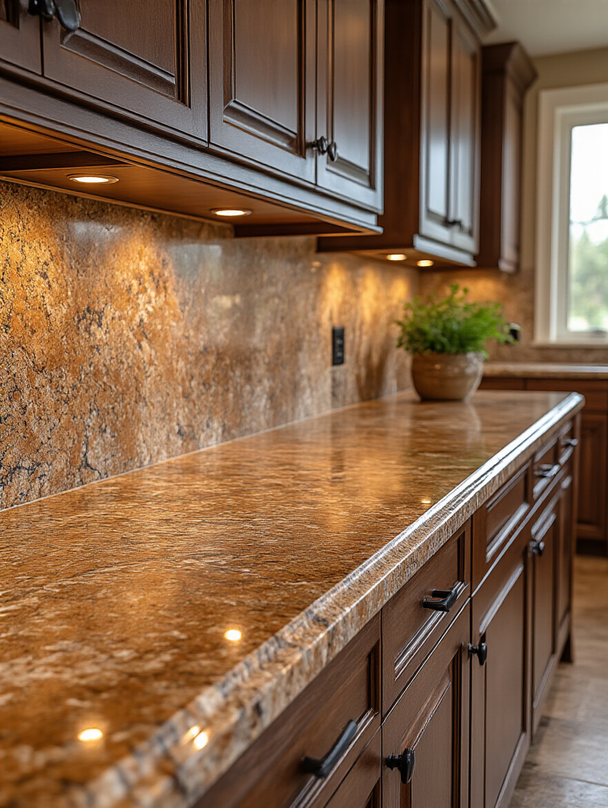 Durable brown granite countertops with organic texture in a warm brown kitchen setting