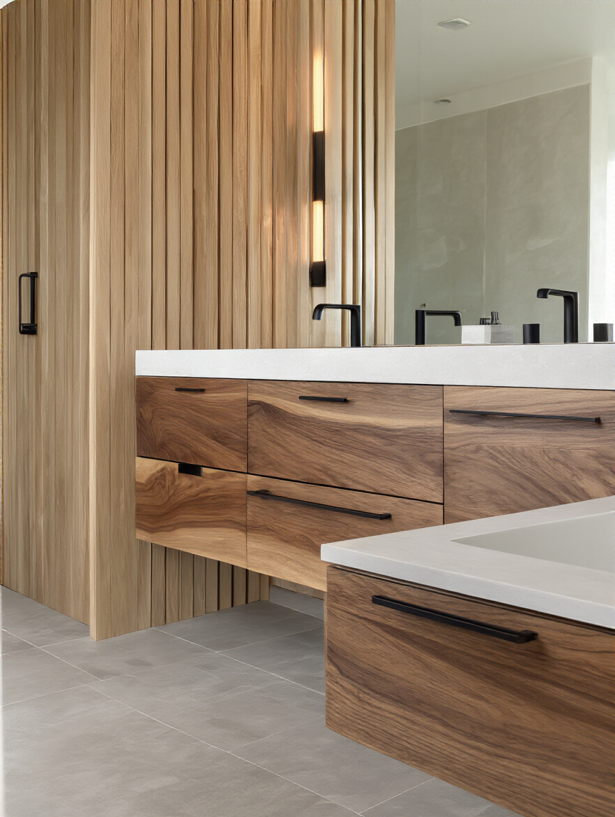 Modern bathroom with floating walnut vanity and vertically slatted white oak accent wall showcasing natural wood tones for warmth and texture