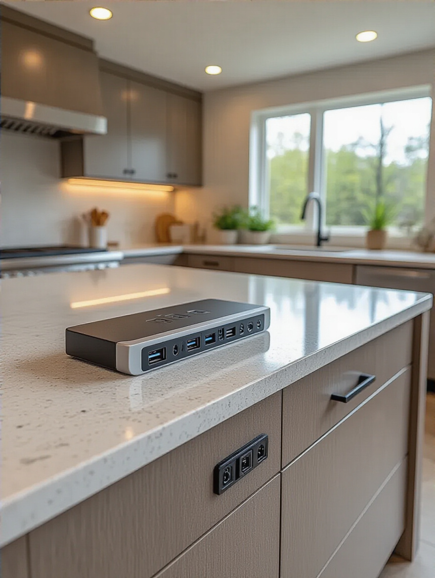 Modern kitchen island countertop with integrated pop-up outlets and charging stations in a sleek quartz surface