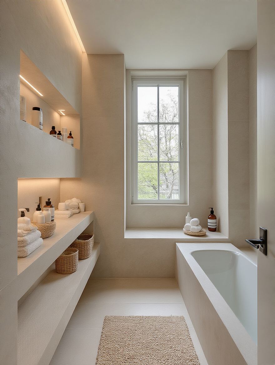Modern bathroom featuring recessed niches with organized toiletries