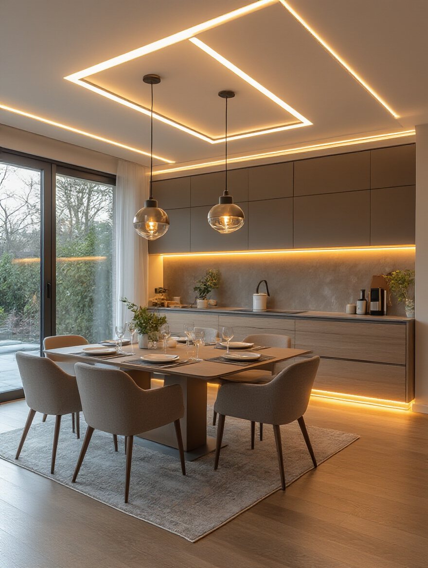Modern dining room with smart LED lighting and smart technology integration creating a warm and inviting ambiance