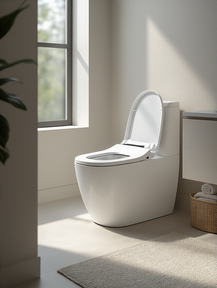 Modern bathroom with a sleek white smart toilet featuring advanced bidet and hygiene technology