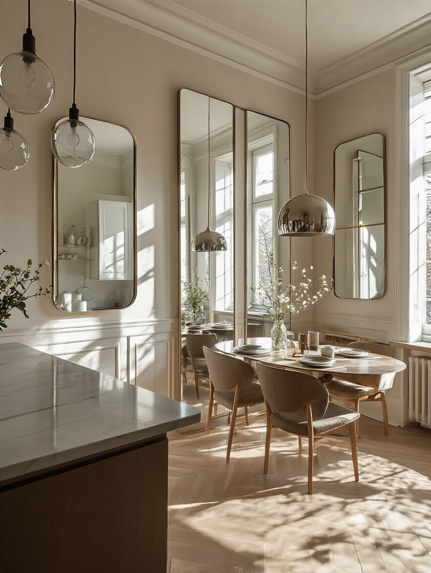 Stylish kitchen with strategic mirrors reflecting light and creating an illusion of spaciousness.
