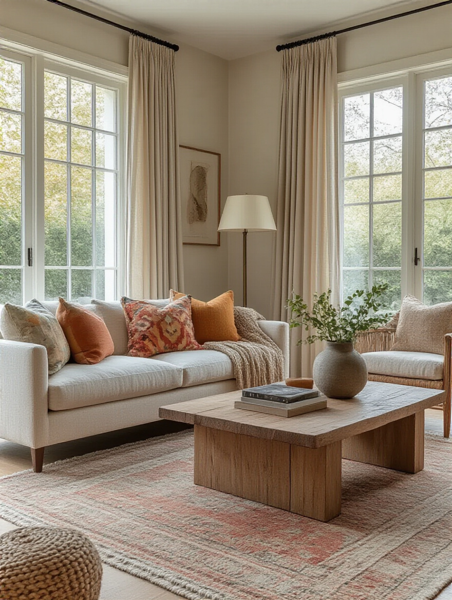 Stylish living room with textiles and decor elements enhancing the aesthetic