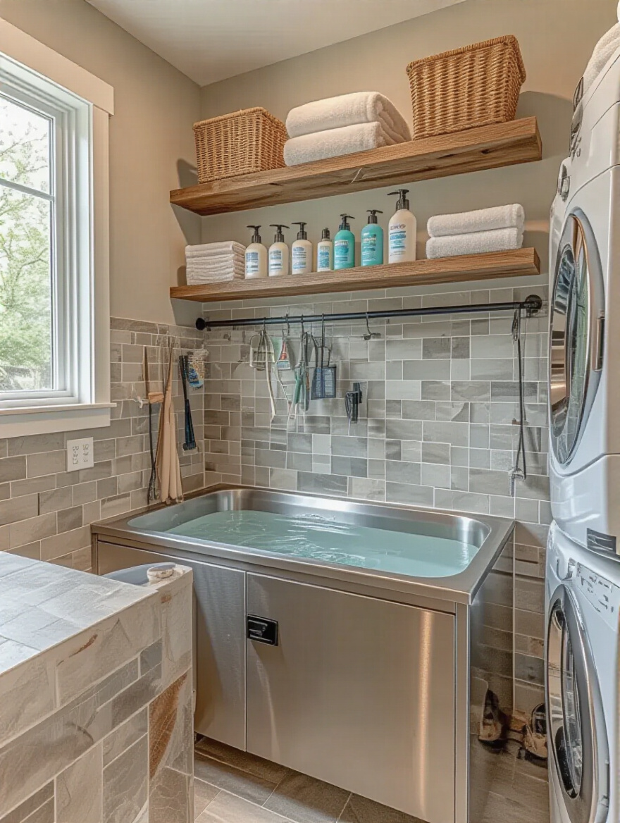 Dedicated pet grooming station in a modern laundry room with natural light and organized supplies.