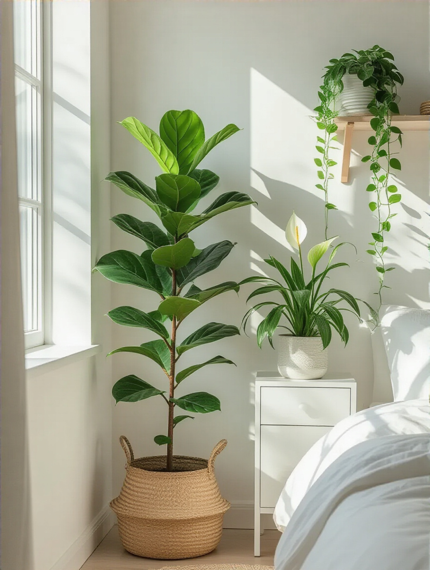 Minimalist white bedroom with various indoor plants including fiddle leaf fig and peace lily, showcasing greenery bringing life and freshness to white spaces