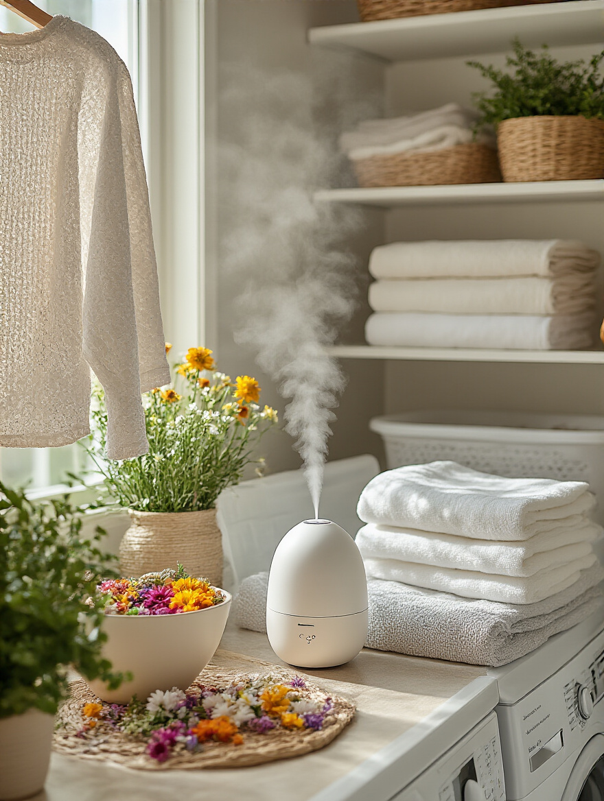 A serene laundry room with an essential oil diffuser and natural potpourri creating a fresh scent ambiance.