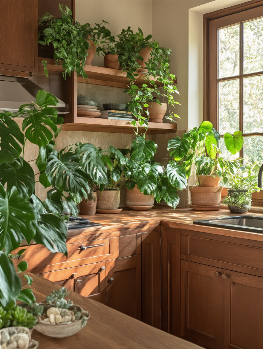 Portrait image of a brown kitchen with rich cabinetry accented by vibrant green indoor plants adding life and contrast