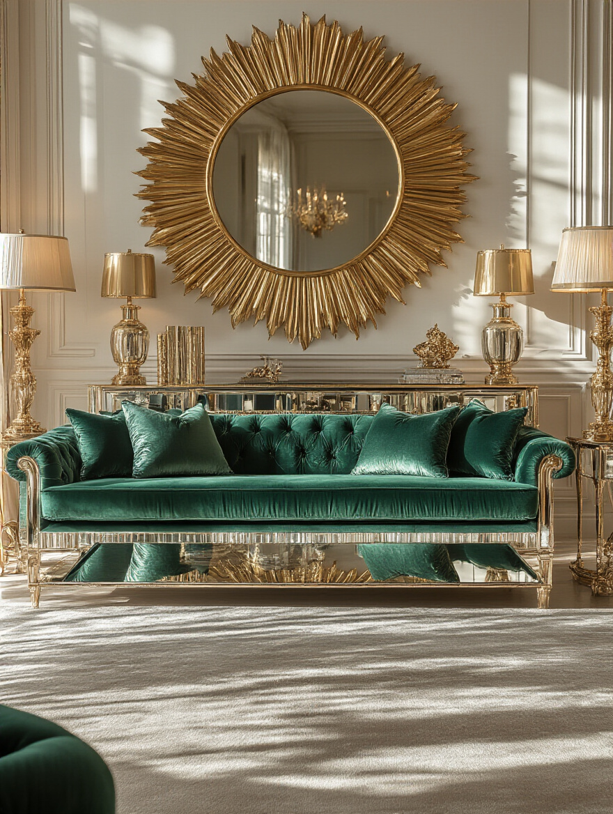 Luxurious living room featuring emerald green velvet sofa and gilded accents