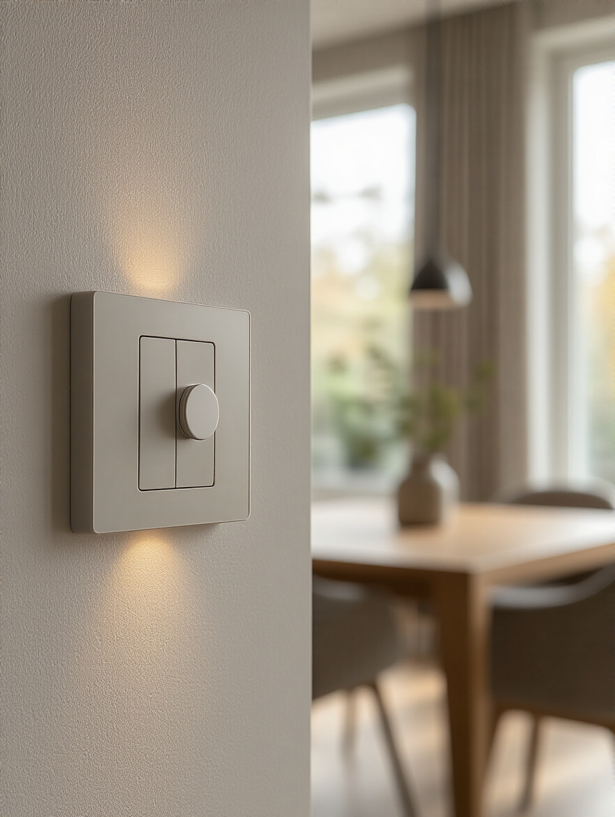 Close-up of a modern dimmable light switch on a wall in a stylish dining room setting