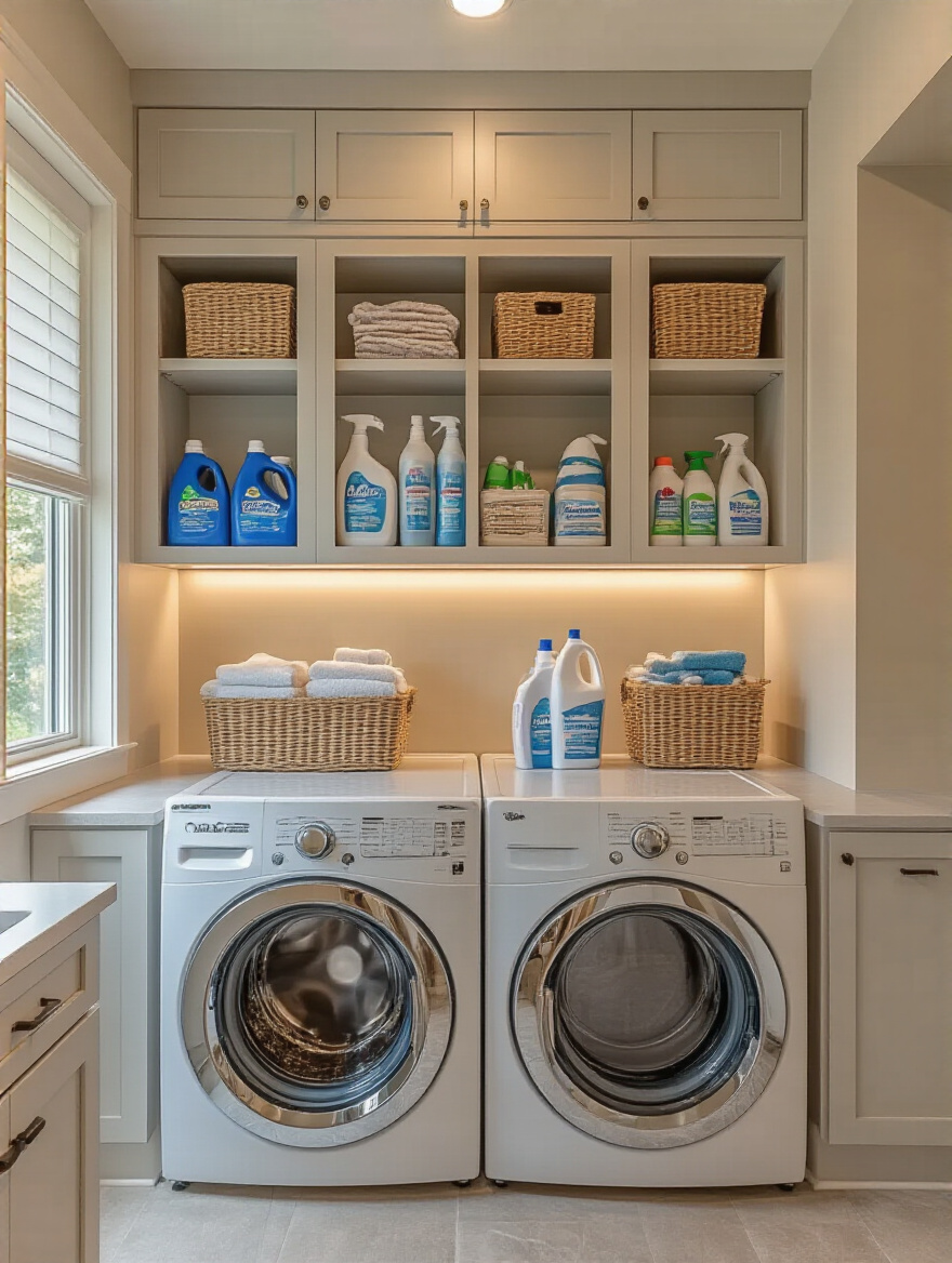 Modern laundry room with overhead cabinets storing detergents and cleaning supplies