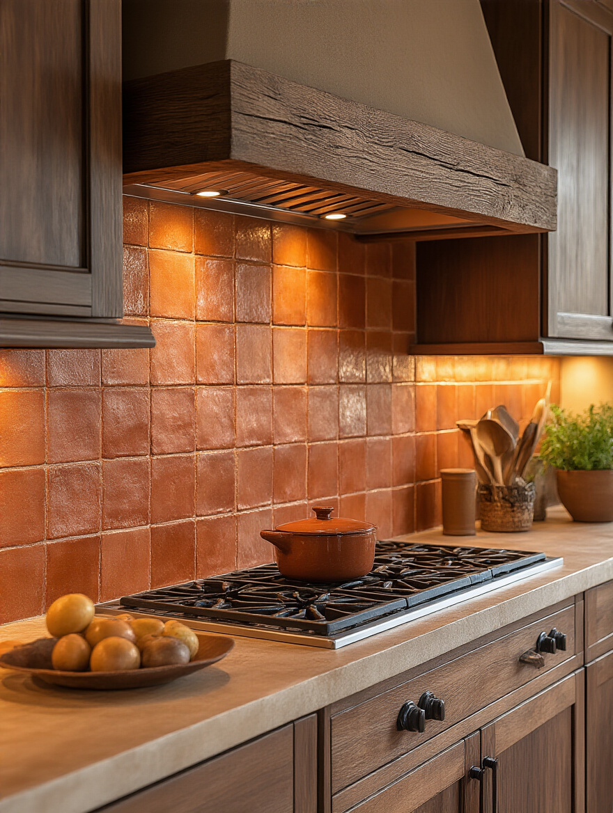 Rustic terra cotta tile backsplash with warm reddish-brown hues in a brown kitchen with wood cabinetry