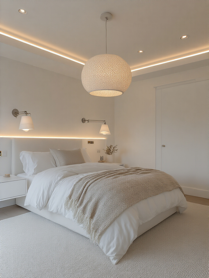 Serene white bedroom with layered warm lighting fixtures enhancing white ambiance