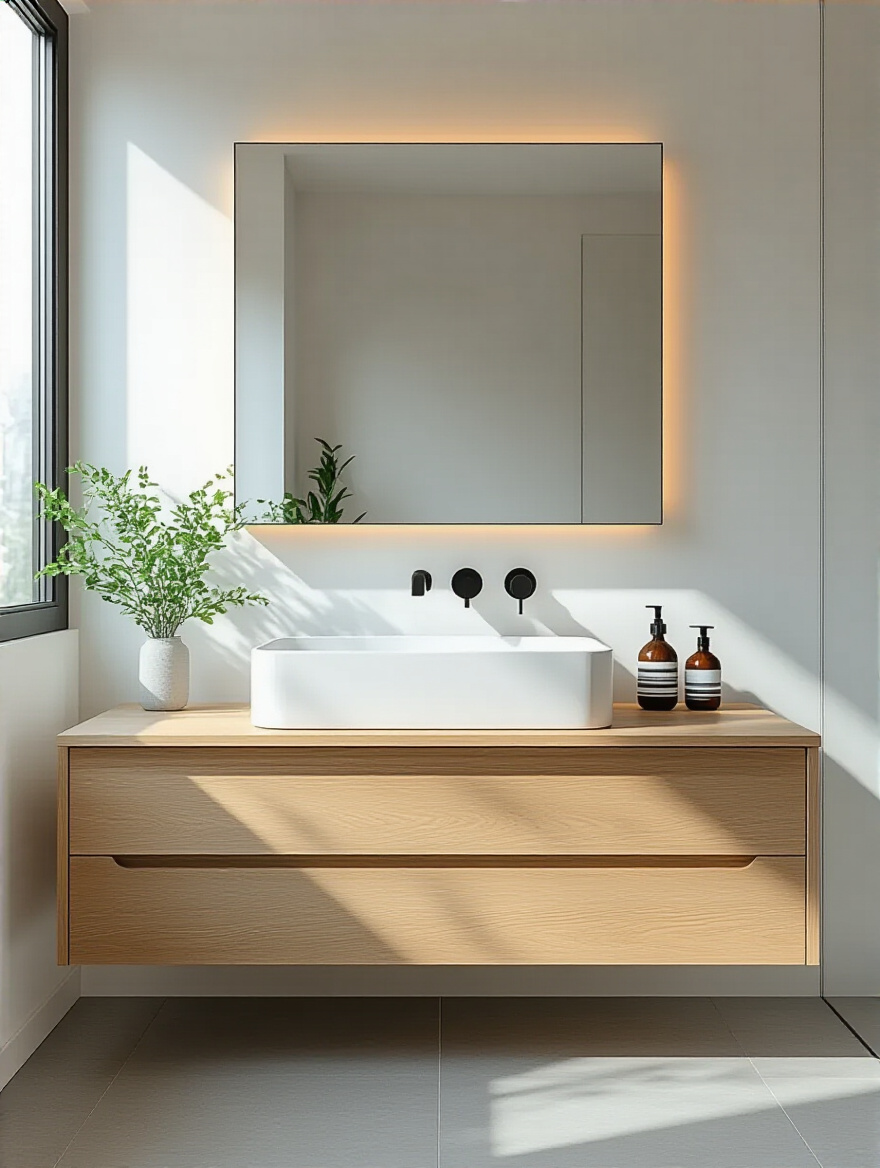 Modern bathroom with light oak floating vanity mounted on wall, showcasing open floor space and minimalist design