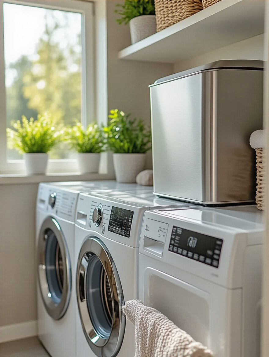 Modern wall-mounted lint bin above dryer in organized laundry room
